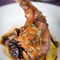 Braised Rabbit with red wine, prunes and thyme